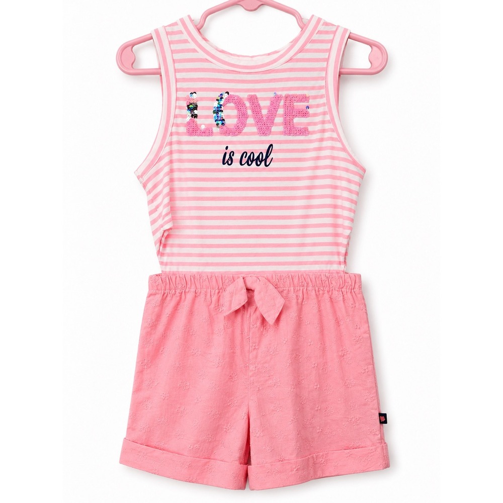 Limited Too Romper Girls 5 Pink Good Sequin Eyelet Striped Sleeveless Shortall